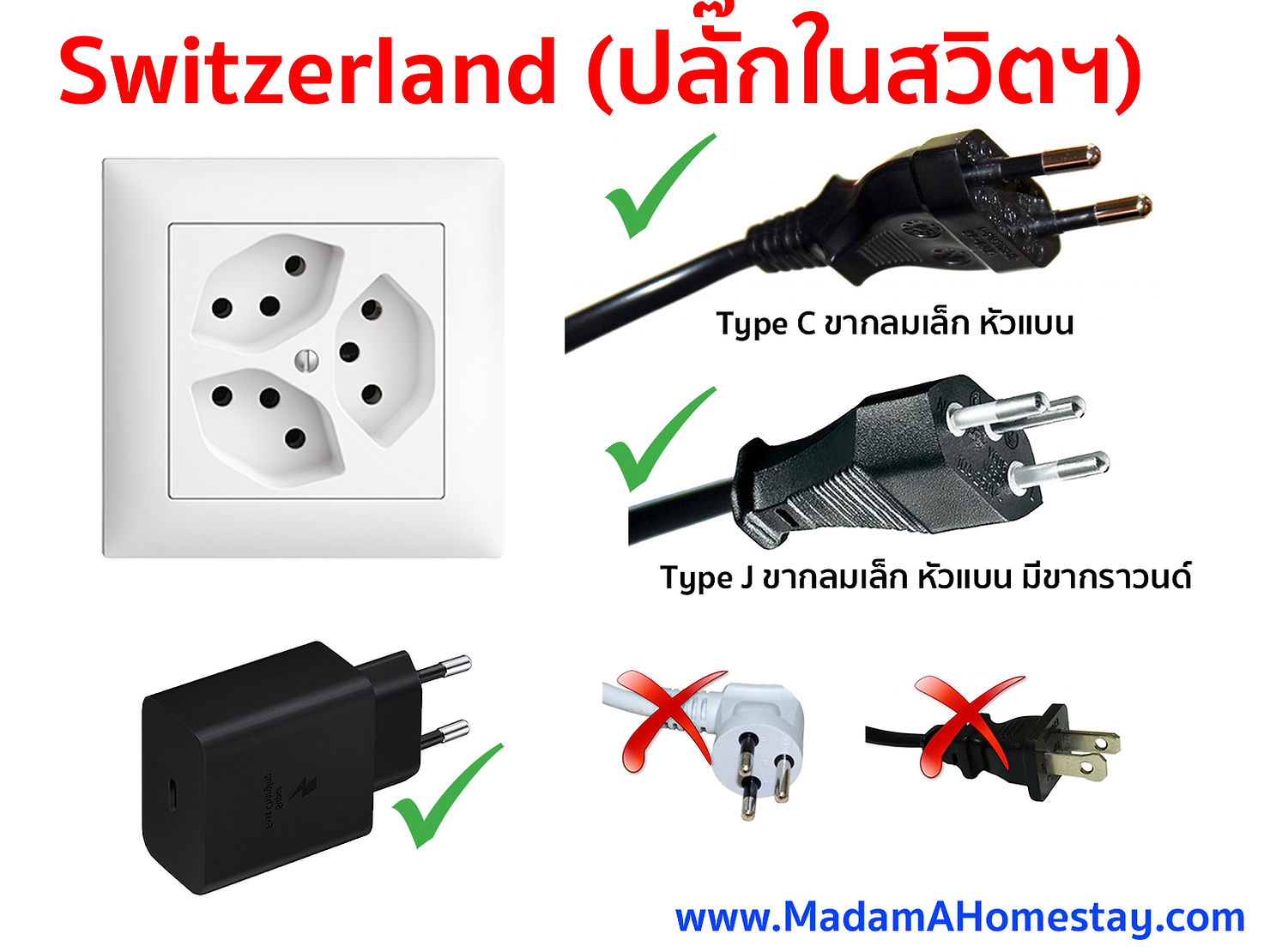 🔌 ปลั๊กไฟที่ใช้ในสวิตเซอร์แลนด์และประเทศในโซนยุโรป